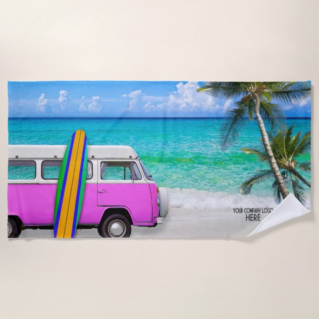 Your Company Logo Beach Pink Van & Surfboard Towel (Front)