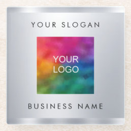 Your Company Logo Here Faux Silver Metallic Look Glass Coaster
