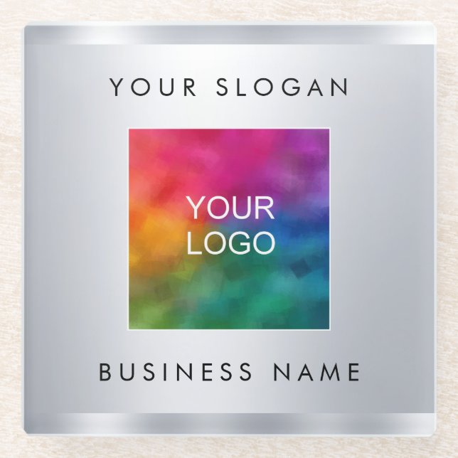 Your Company Logo Here Faux Silver Metallic Look Glass Coaster (Front)