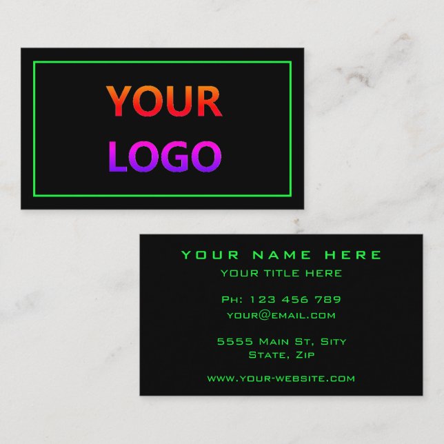 Your Company Logo Info Black Green Business Card (Front/Back)