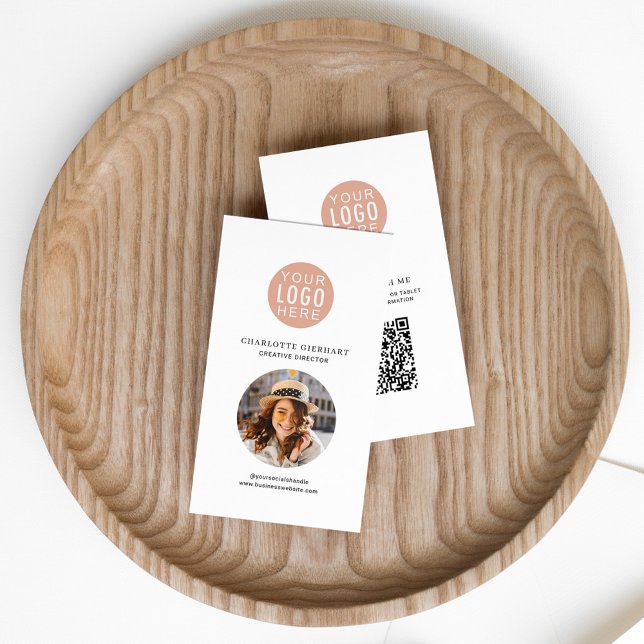 Your Company Logo QR Code Employee Photo Business Card (Company Logo Beige Circle Employee Photo QR Code Business Card)