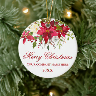 Your Company Watercolor Red Poinsettia Floral Ceramic Ornament