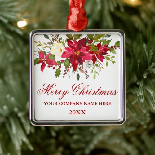 Your Company Watercolor Red Poinsettia Floral Metal Ornament