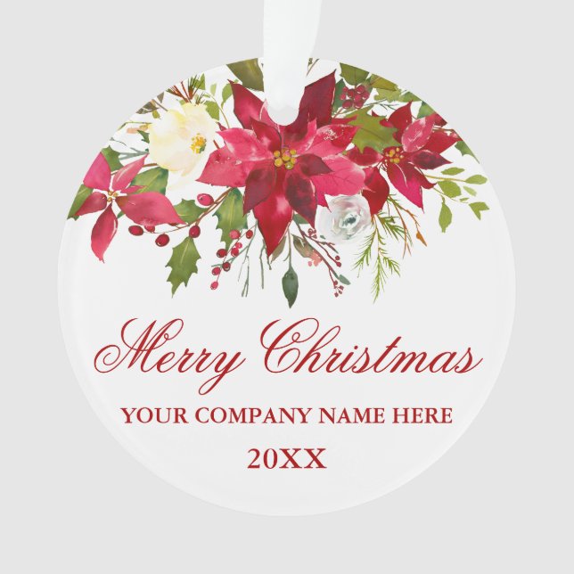 Your Company Watercolor Red Poinsettia Floral Ornament (Front)