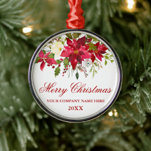 Your Company Watercolor Red Poinsettia Floral Rd Metal Ornament