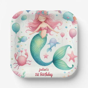 your cool fish sea blue mermaid ocean 1st Birthday Paper Plates