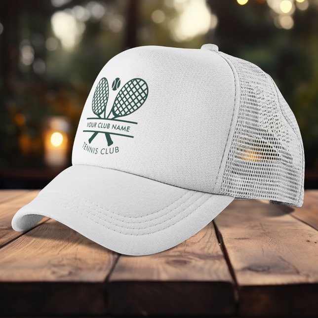 Your Country Club Name Tennis Racket Icons Custom Trucker Hat (Lawn Tennis Club Custom Swag Green Rackets Motif)