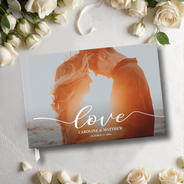 Your Cover Photo Wedding  Foil Guest Book (Wedding guest book, your photo with "love" and your details in real silver, gold or rose gold foil)