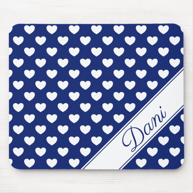 Your Custom Name Dark Blue And White Hearts Mouse Pad (Front)