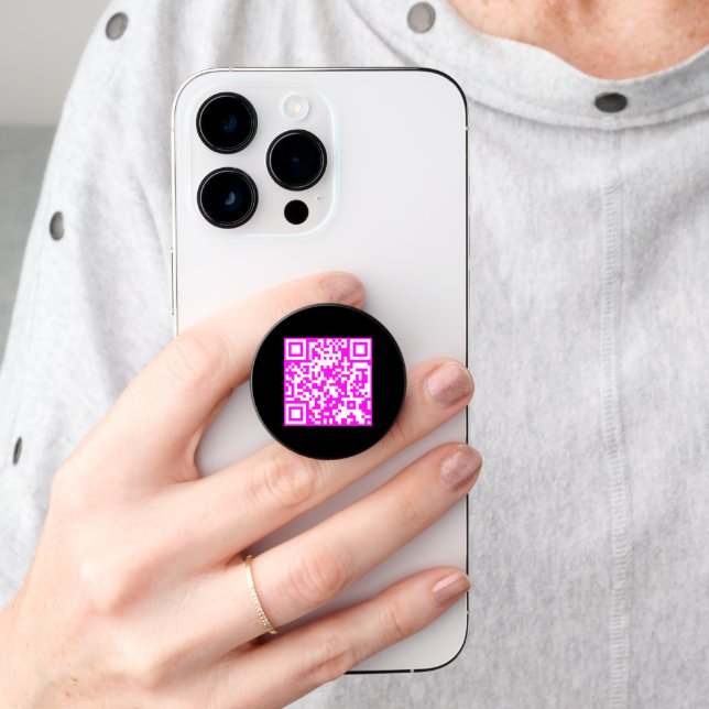Your custom Neon pink QR code on Black PopSocket (Hand)