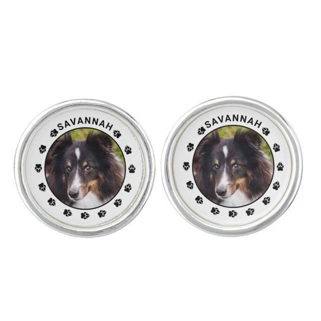 Your Custom Pet Photo With Name & Paws Cufflinks (Front)
