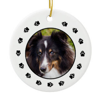 Your Custom Pet Photo With Paws &amp; Text Ceramic Ornament