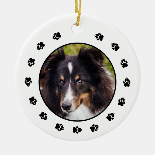 Your Custom Pet Photo With Paws & Text Ceramic Ornament (Front)