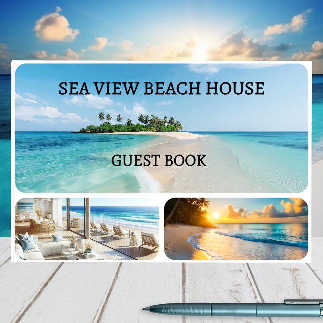 Your Custom Photo Collage Beach House Guest Book (Guest book with custom photos in a 3 photo grid on the front and 4 photos on the back - beach house)