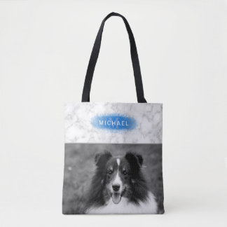 Your Custom Photo &amp; Faux Marble Texture With Blue Tote Bag