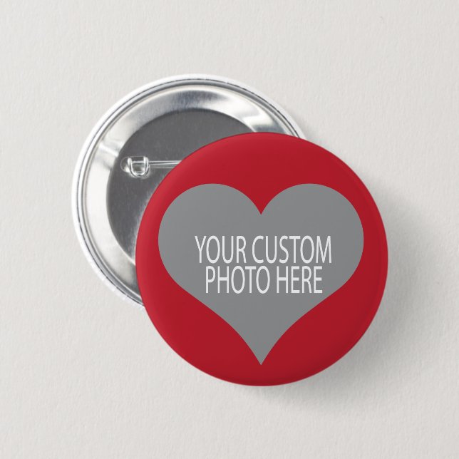 Your custom photo in red heart shape pinback button (Front & Back)