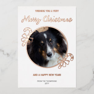 Your Custom Photo With Festive Candy Canes & Text Foil Holiday Card