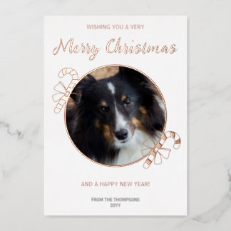 Your Custom Photo With Festive Candy Canes &amp; Text Foil Holiday Card