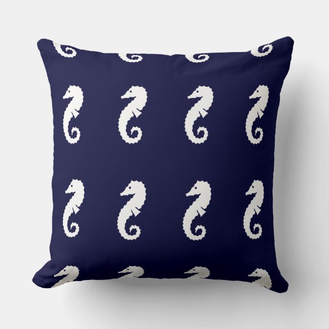 Your Custom SEAHORSE WHITE on NAVY BLUE PILLOW (Front)