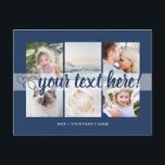 Your custom text 6 photos collage universal postcard<br><div class="desc">Script with Heart Your custom text 6 photos collage universal Postcard. Personalized 6 family collage photos Universal Greetings Postcards featuring a stylish photo collage with 6 customized images, your greetings message in elegant handwritten script font, your name, date, year, message on the back in a modern and simple classic navy...</div>