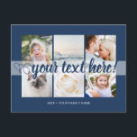 Your custom text 6 photos collage universal postcard<br><div class="desc">Script with Heart Your custom text 6 photos collage universal Postcard. Personalized 6 family collage photos Universal Greetings Postcards featuring a stylish photo collage with 6 customized images, your greetings message in elegant handwritten script font, your name, date, year, message on the back in a modern and simple classic navy...</div>