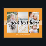 Your custom text 6 photos collage universal postcard<br><div class="desc">Script with Heart Your custom text 6 photos collage orange universal Postcard. Personalized 6 family collage photos Universal Greetings Postcards featuring a stylish photo collage with 6 customized images, your greetings message in elegant handwritten script font, your name, date, year, message on the back in a modern and simple sans...</div>