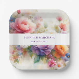 Your Custom Text Elegant Watercolor Flowers Art Paper Plates
