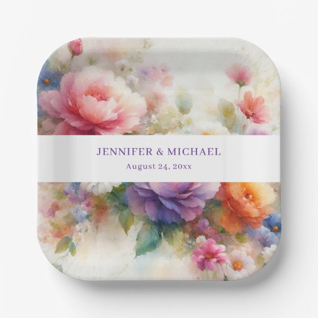 Your Custom Text Elegant Watercolor Flowers Art Paper Plates (Front)