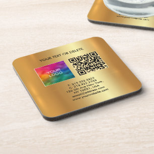 Your Custom Text Logo QR Code Template Black Gold Beverage Coaster