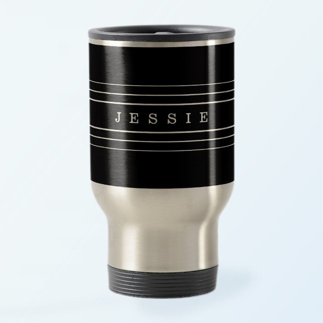 Your Custom Text & Modern Stripes | Black Travel Mug (Creator Uploaded)