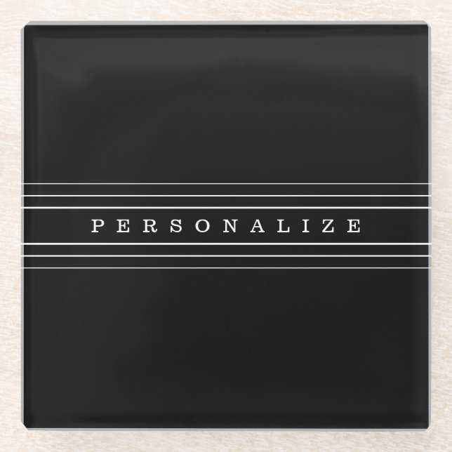 Your Custom Text & Modern Stripes | Black & White Glass Coaster (Front)