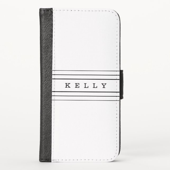 Your Custom Text & Modern Stripes | Black & White iPhone Wallet Case (Front)