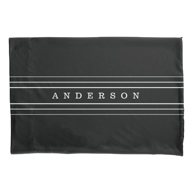 Your Custom Text & Modern Stripes | Black & White Pillow Case (Front-Left)