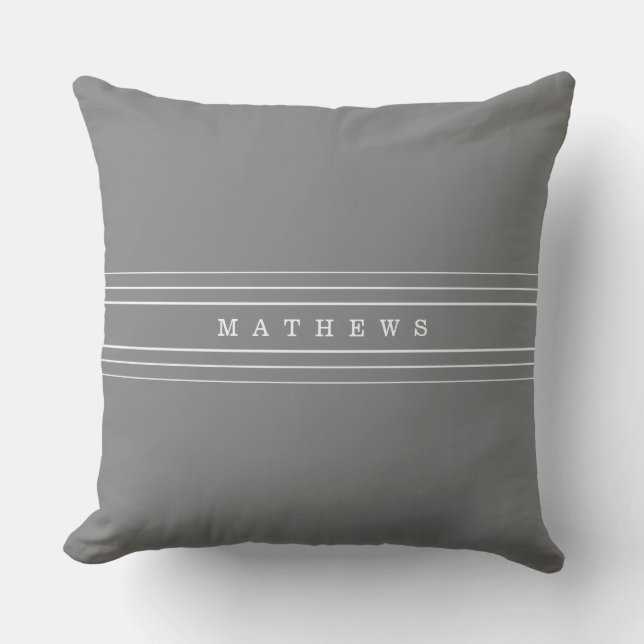 Your Custom Text & Modern Stripes | Grey & White Outdoor Pillow (Front)