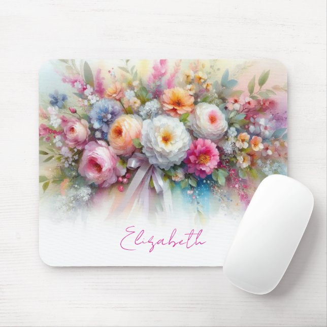 Your Custom Text Name Elegant Aquarell Flowers Art Mouse Pad (With Mouse)
