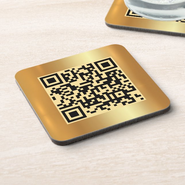 Your Custom Text QR Code Gold Logo Square Template Beverage Coaster (Left Side)