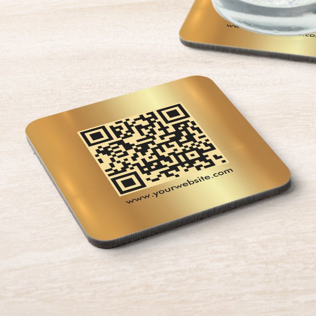 Your Custom Text QR Code Template Gold Square Beverage Coaster (Left Side)