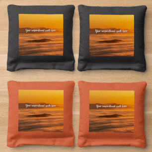 Your custom text sunrise above foggy landscape cornhole bags