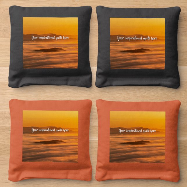 Your custom text sunrise above foggy landscape cornhole bags (Wood)