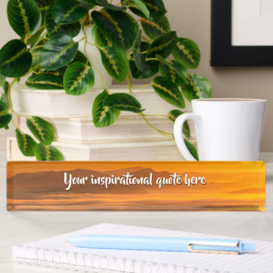 Your custom text sunrise above foggy landscape desk name plate