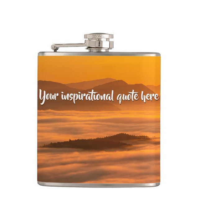 Your custom text sunrise above foggy landscape flask (Front)