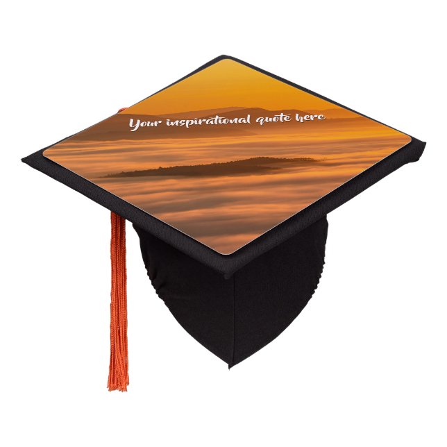 Your custom text sunrise above foggy landscape graduation cap topper (Angled)
