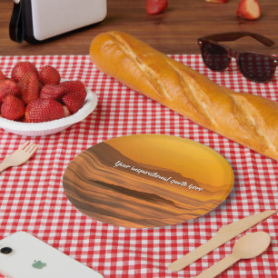 Your custom text sunrise above foggy landscape paper plates
