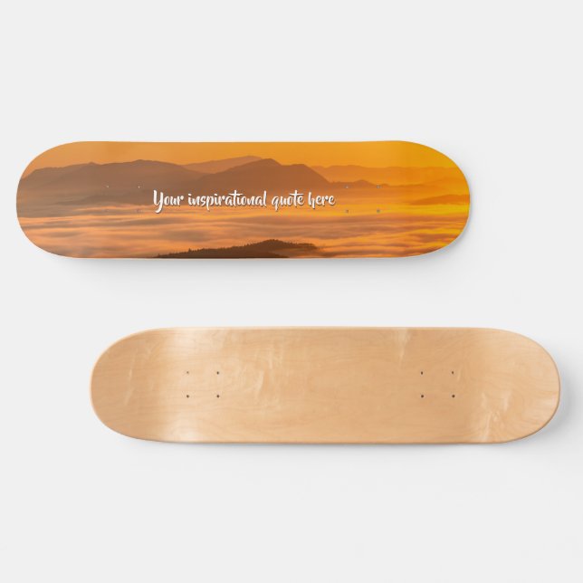 Your custom text sunrise above foggy landscape skateboard (Horz)