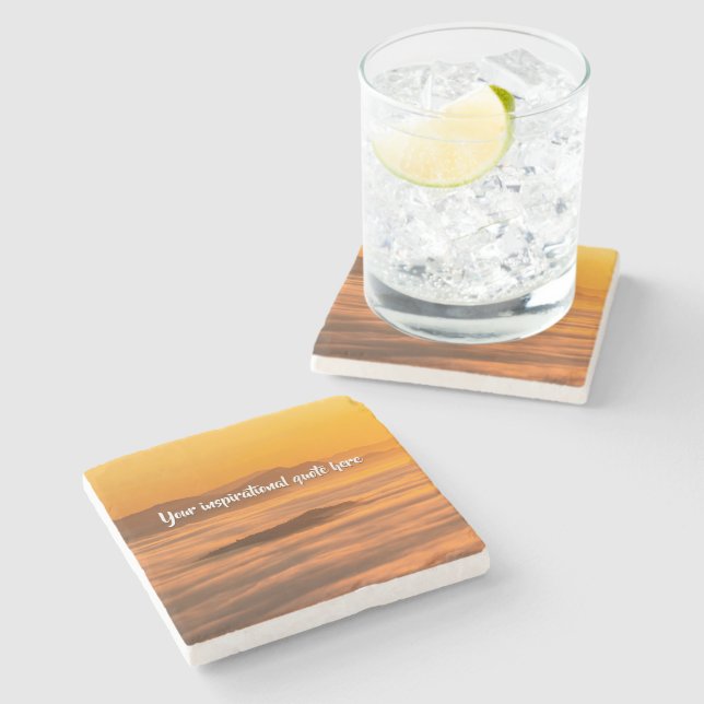 Your custom text sunrise above foggy landscape stone coaster (Side)