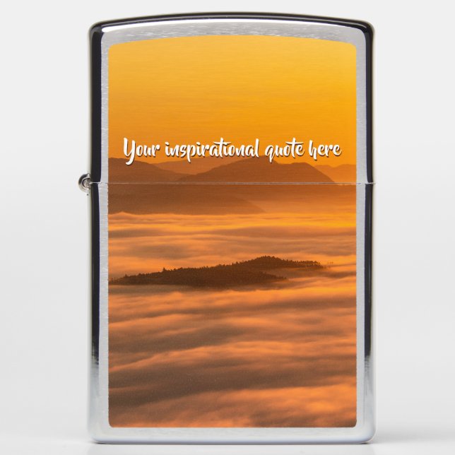 Your custom text sunrise above foggy landscape zippo lighter (Front)