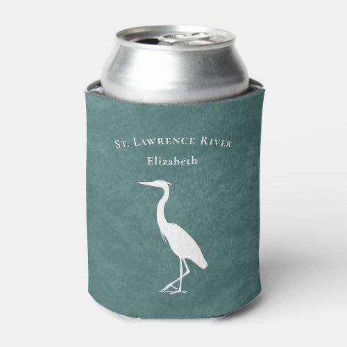 your custom text teal blue Heron Egret silhouette Can Cooler