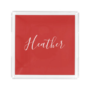 Your Custom White Script on Red Acrylic Tray