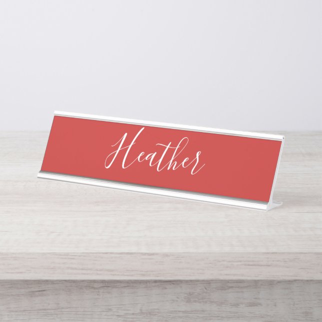 Your Custom White Script on Red Desk Name Plate (Front)