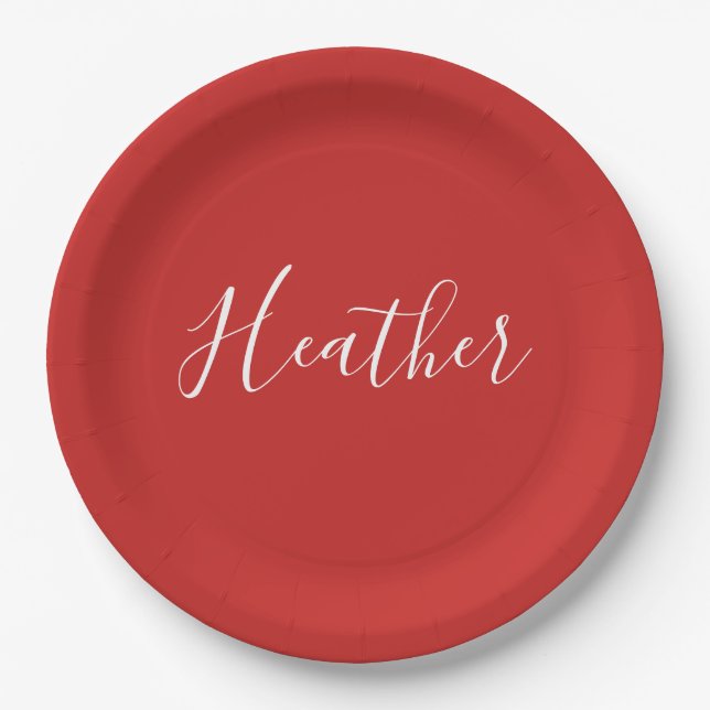 Your Custom White Script on Red Paper Plates (Front)